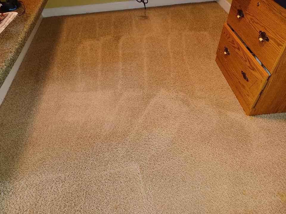 A freshly vacuumed tan carpet with visible parallel cleaning lines, next to a wooden dresser in a room.