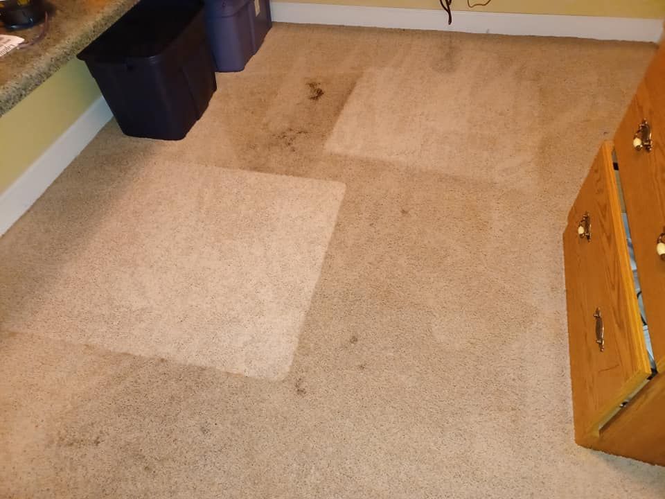 A room with tan carpet showing two clean, rectangular patches where furniture likely stood, surrounded by soiled carpet.