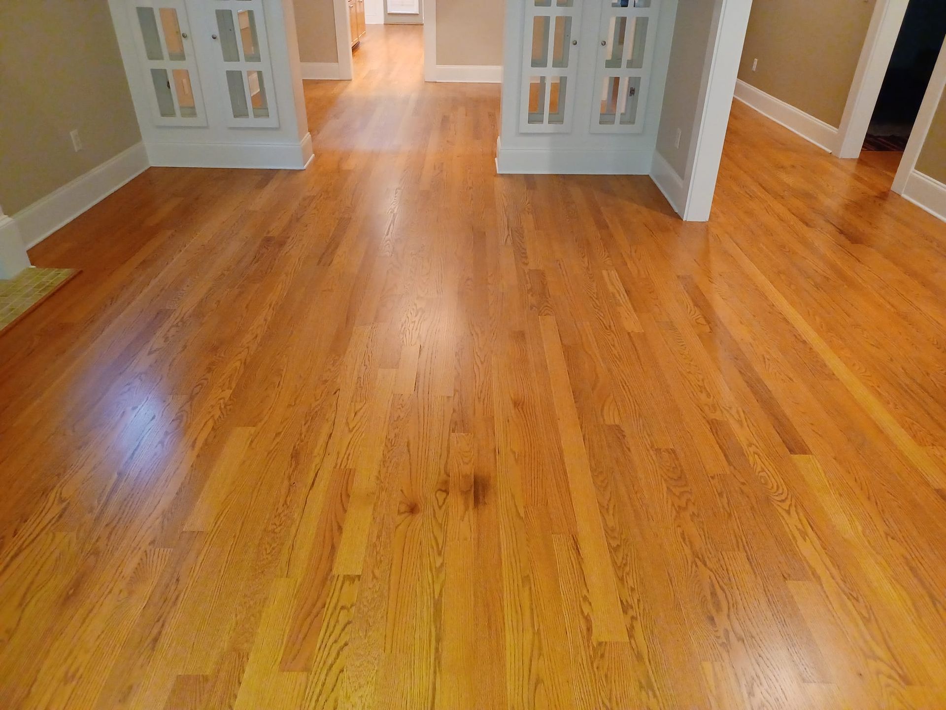 Polished light brown hardwood flooring with a visible dark stain near the center, viewed in a home interior.
