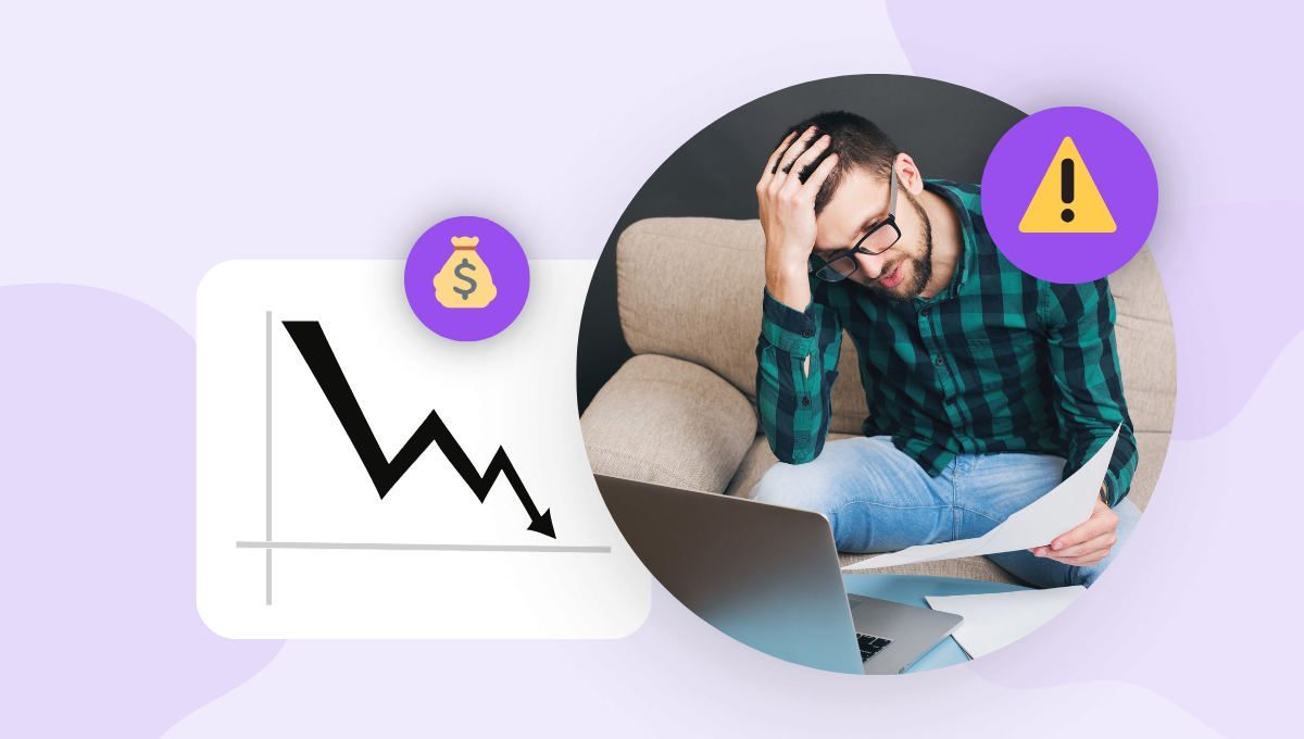 Man with head in hands surrounded by financial decline graph and warning icons.