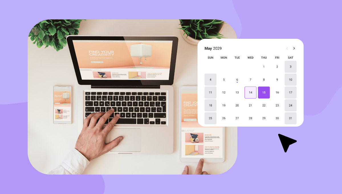 Person using laptop and phone, calendar overlayed.