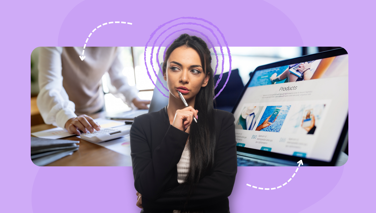 Woman pondering with a pen, a website on a laptop, and a person working in the background, all on a purple background.