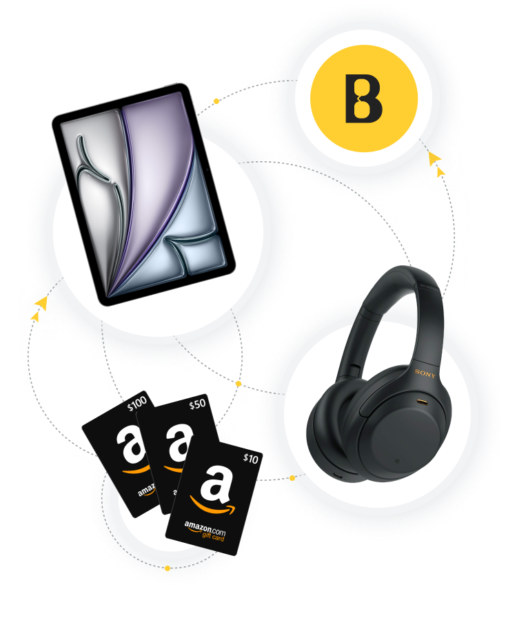A tablet , headphones , and amazon gift cards are surrounded by circles.