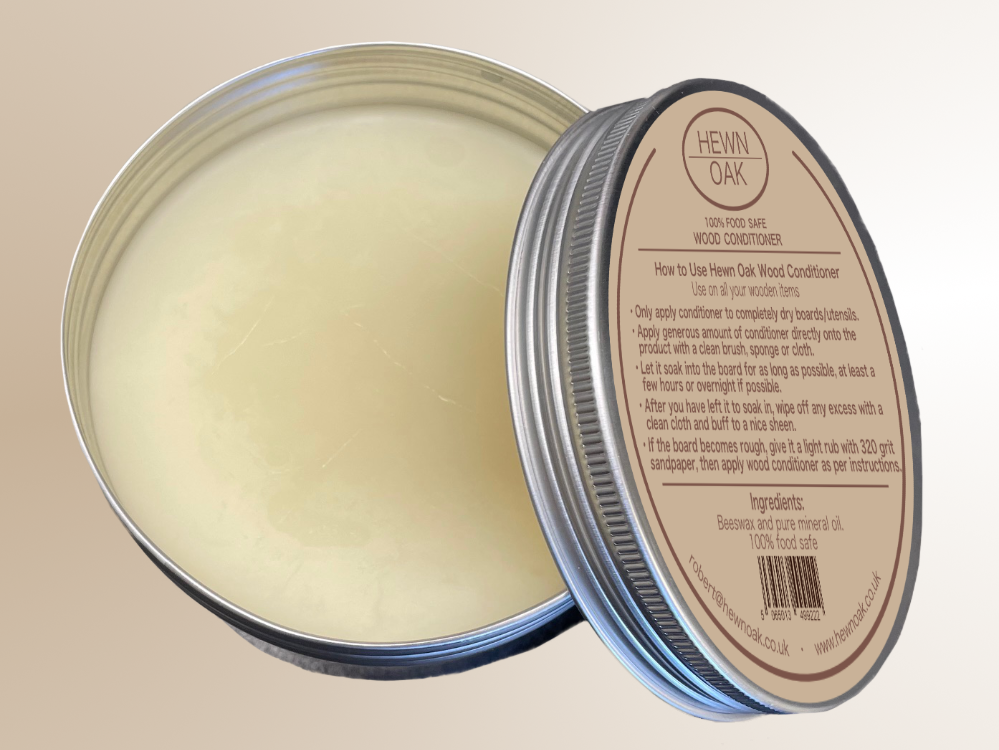 Open tin of Hewn Oak wood conditioner.