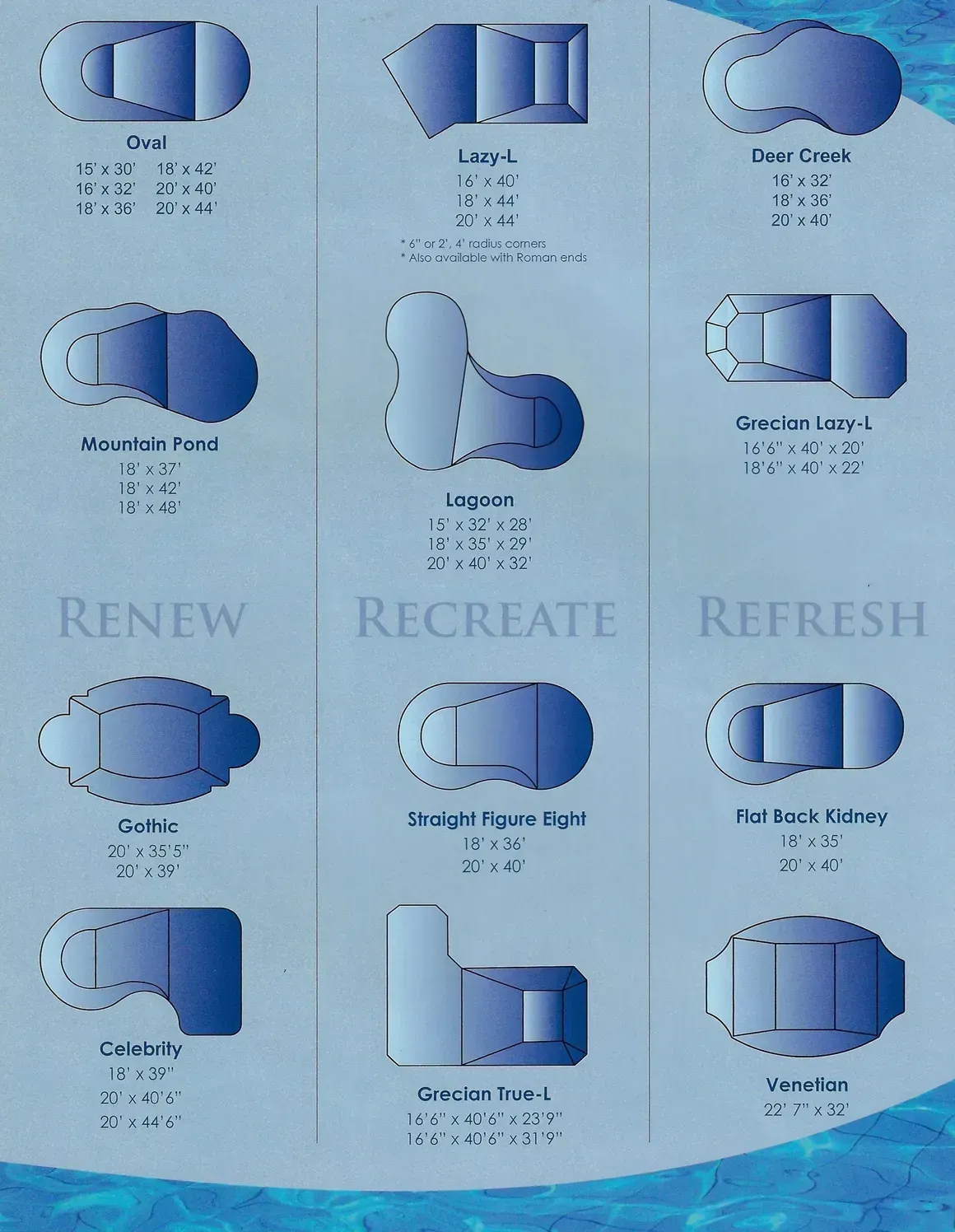 An advertisement for a swimming pool that says renew recreate refresh