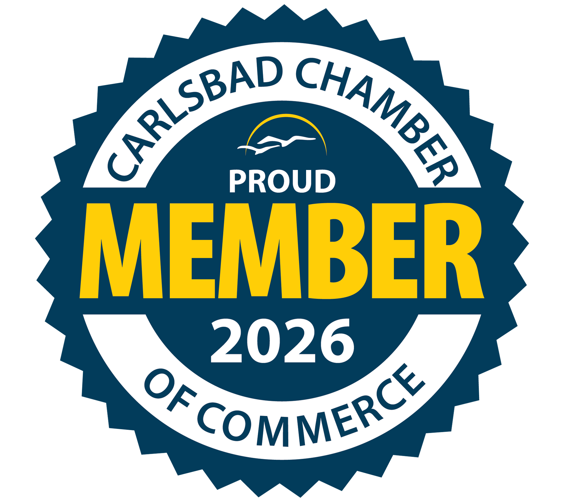 Carlsbad Chamber of Commerce proud member badge, blue and white with yellow “MEMBER” and “2026” text