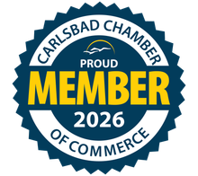 Carlsbad Chamber of Commerce proud member badge, blue and white with yellow “MEMBER” and “2026” text