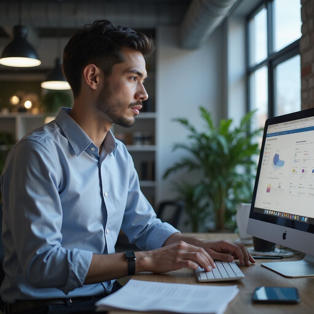 Man working on a computer at a desk in an office setting.