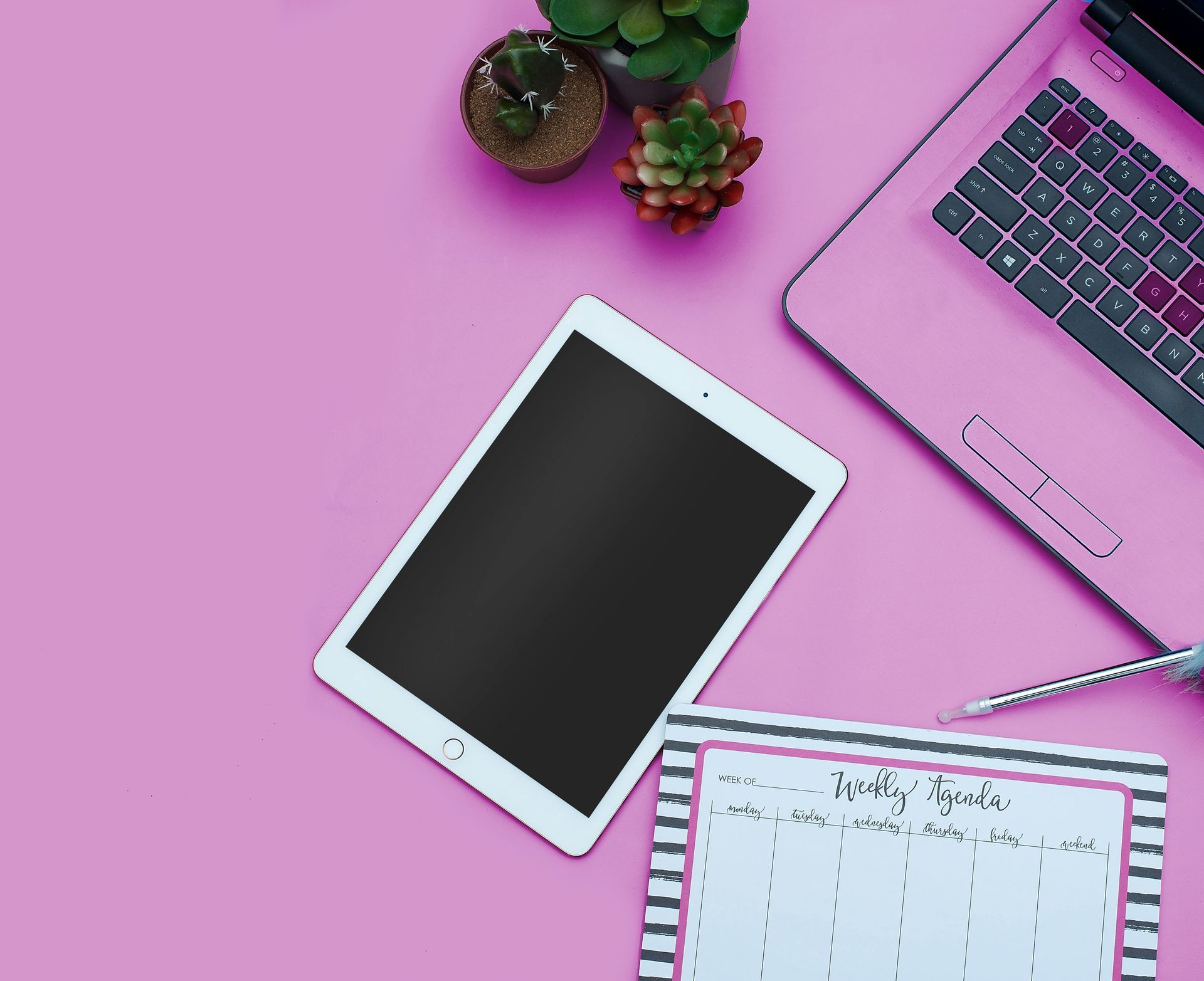 Pink desk with laptop, tablet, calendar, pen, and succulents.