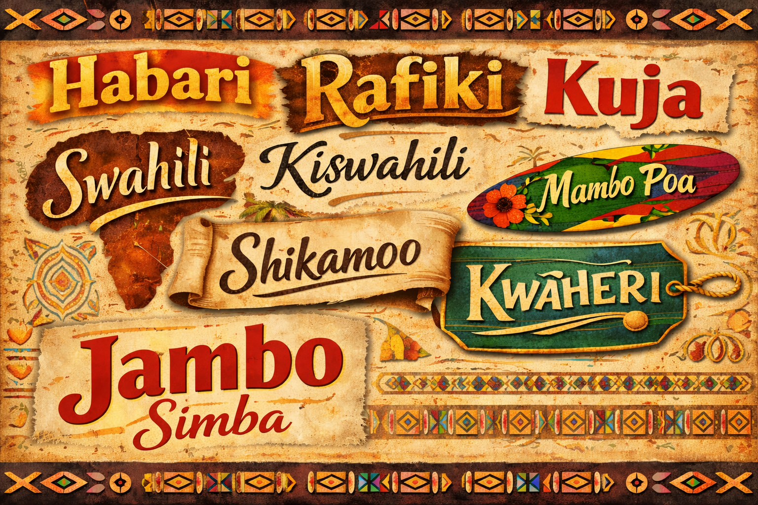 Swahili words in various ornate text styles, including