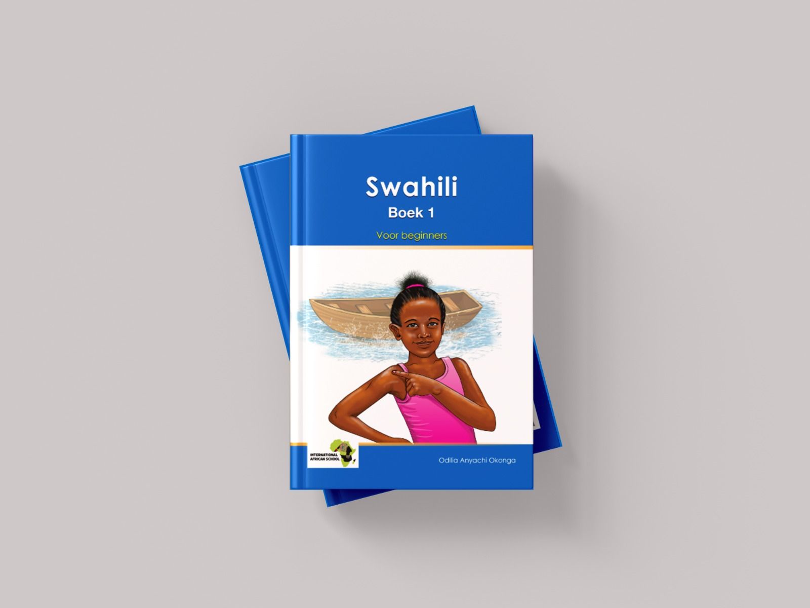 Two blue Swahili textbooks stacked, one on top. Book cover features a child and a boat illustration.