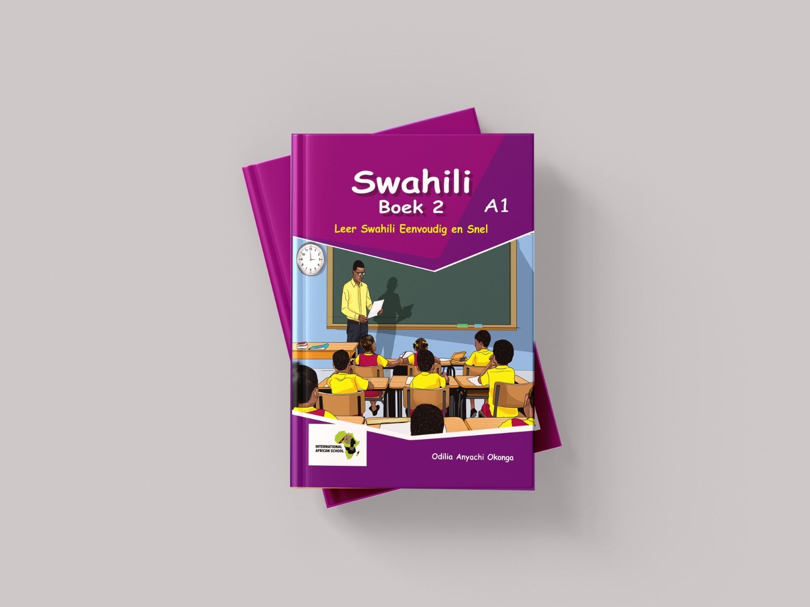 Book cover for Swahili, depicting a classroom scene, stacked with additional books.