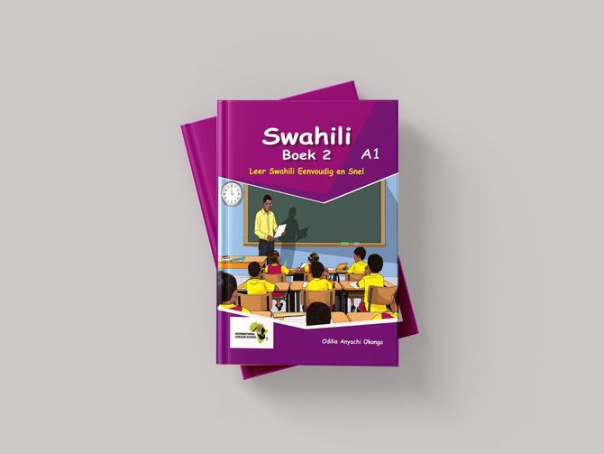 Swahili textbook with cover showing a teacher in a classroom.