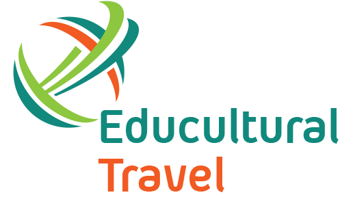 Logo: abstract globe with orange, green, and teal curves; text
