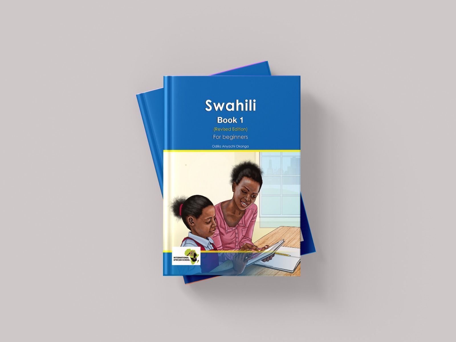 Blue Swahili language textbook with a mother and child reading.