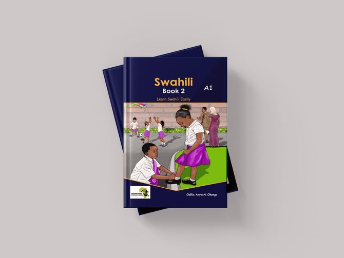 Swahili textbook with cover showing a teacher in a classroom.