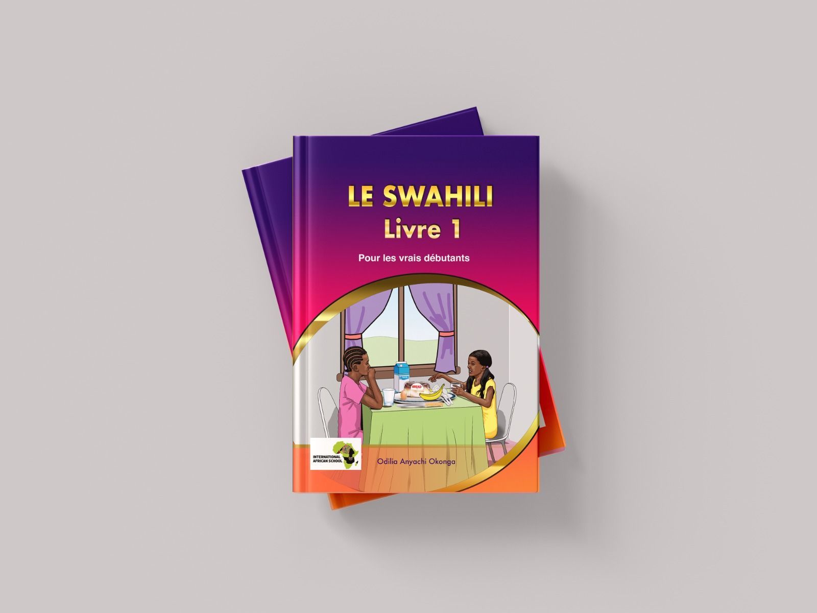 Book cover: Swahili textbook, two girls at table, window, colors: purple, orange, brown.