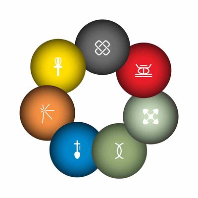 Eight colorful spheres in a circle, each with a different white symbol.