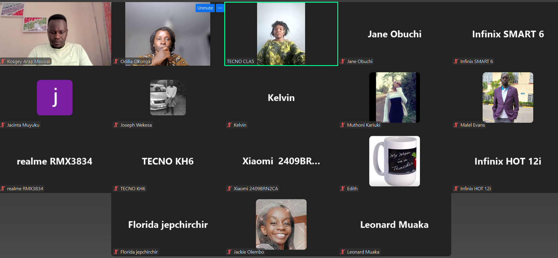 Online meeting with diverse participants. Some are visible on screen, others are represented by profile pictures.