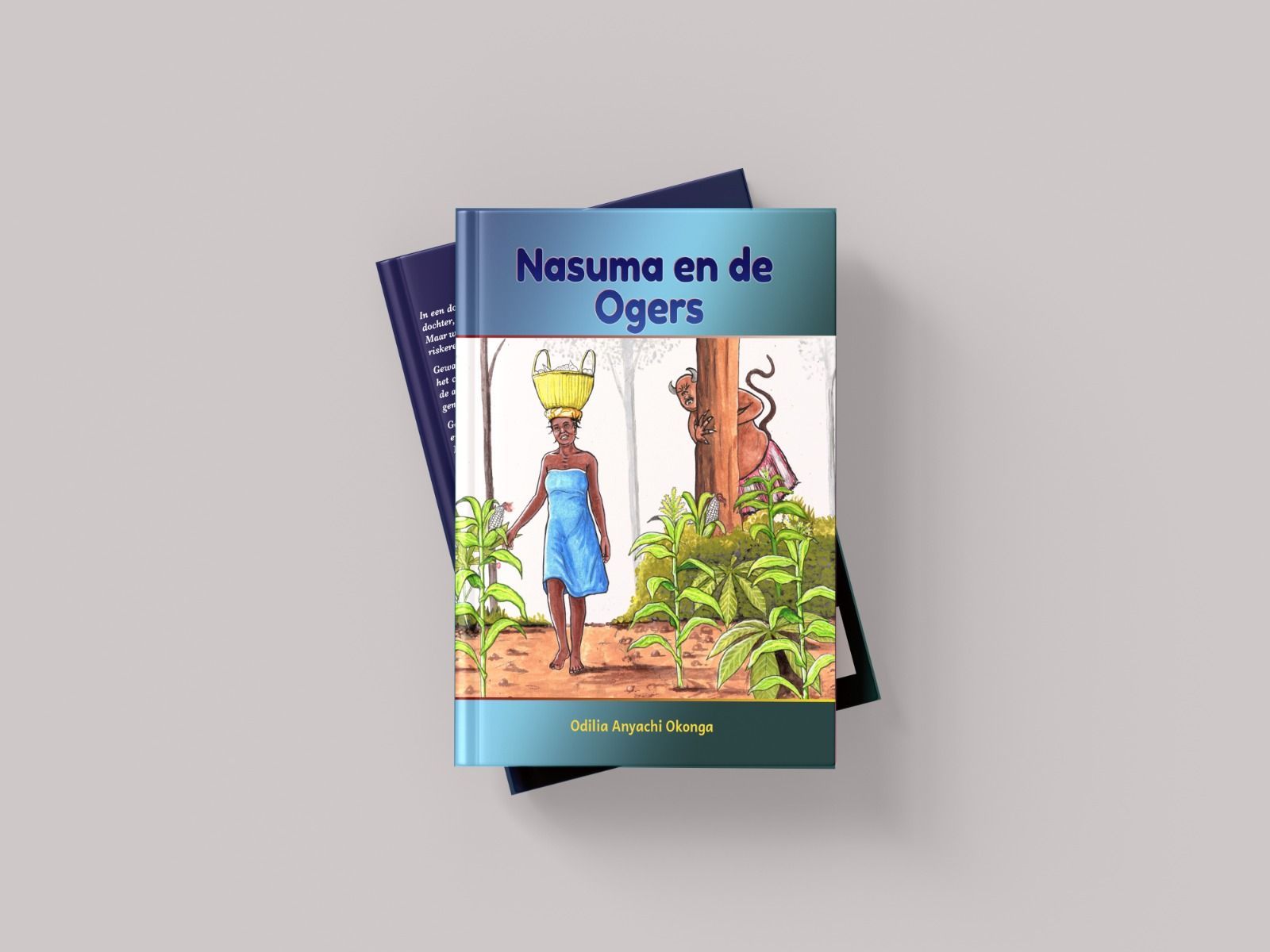 Book cover: Nasuma walking with a basket on her head. The cover is blue and the book rests on another dark blue book.