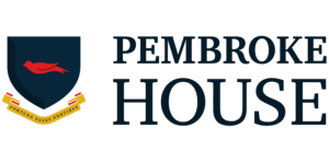 Pembroke House logo: shield with red bird, gold banner, navy blue shield, and text
