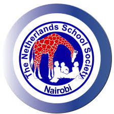 Logo: Red giraffe, blue text