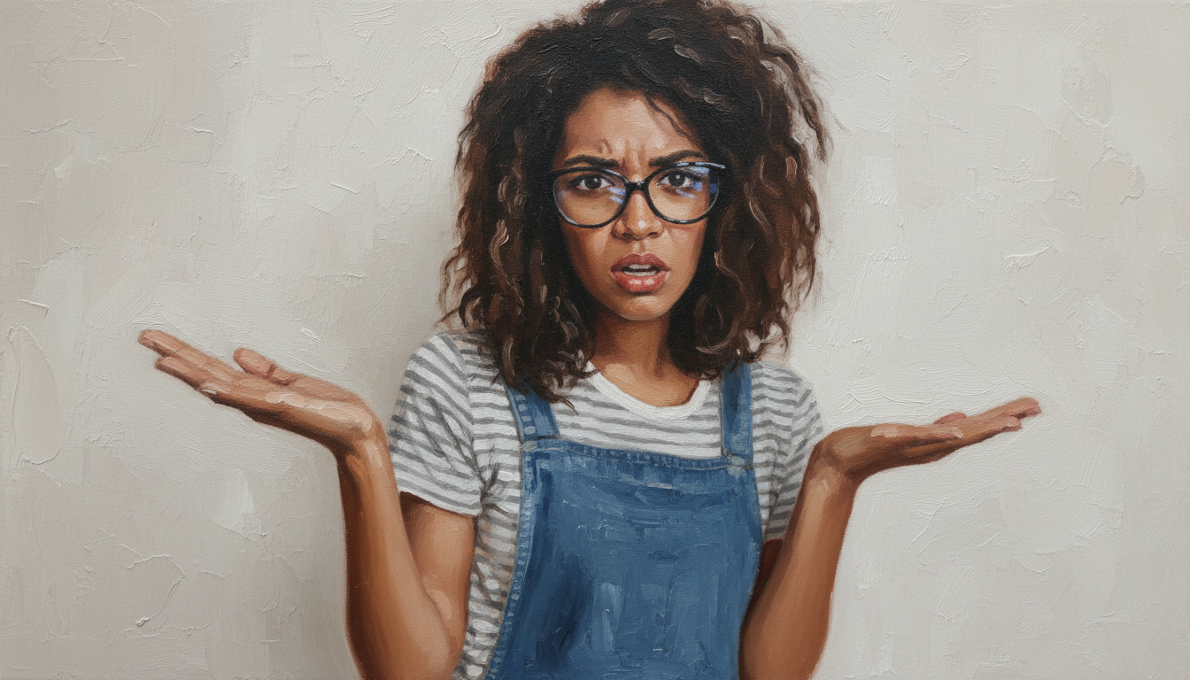 A person with curly hair and glasses shrugging with hands open, wearing a striped shirt and denim overalls.