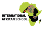 Logo of International African School with African continent silhouette and woman's profile.