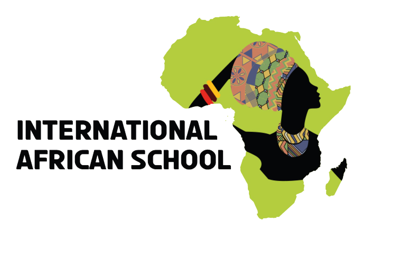 Logo of International African School with African continent silhouette and woman's profile.
