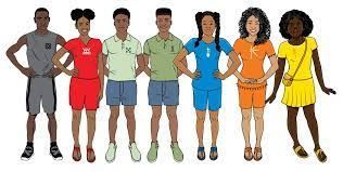Illustration of eight people of color in colorful outfits, standing side by side with hands on hips.