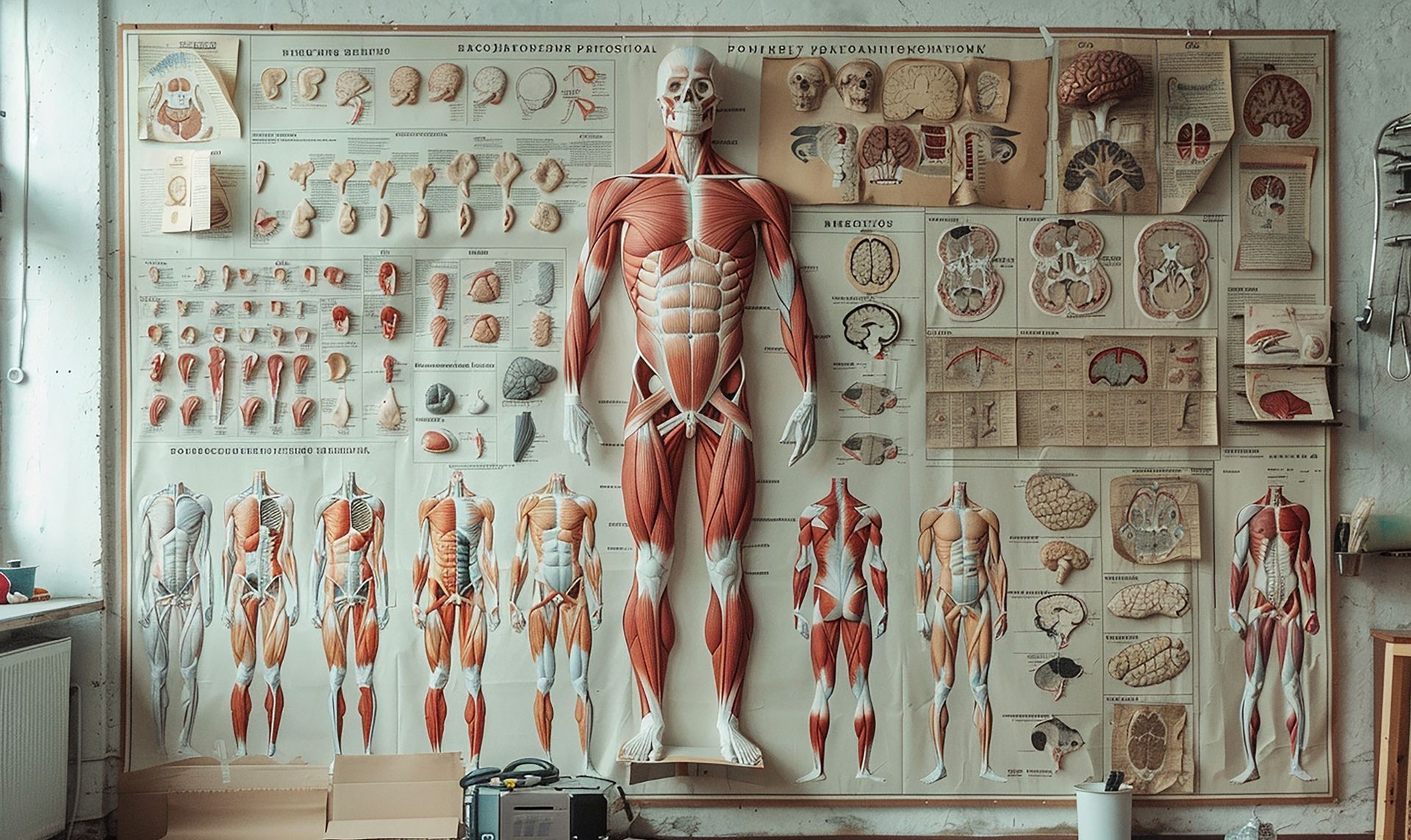 Anatomical human body display showing muscles, skeleton, and organs, in a glass case.