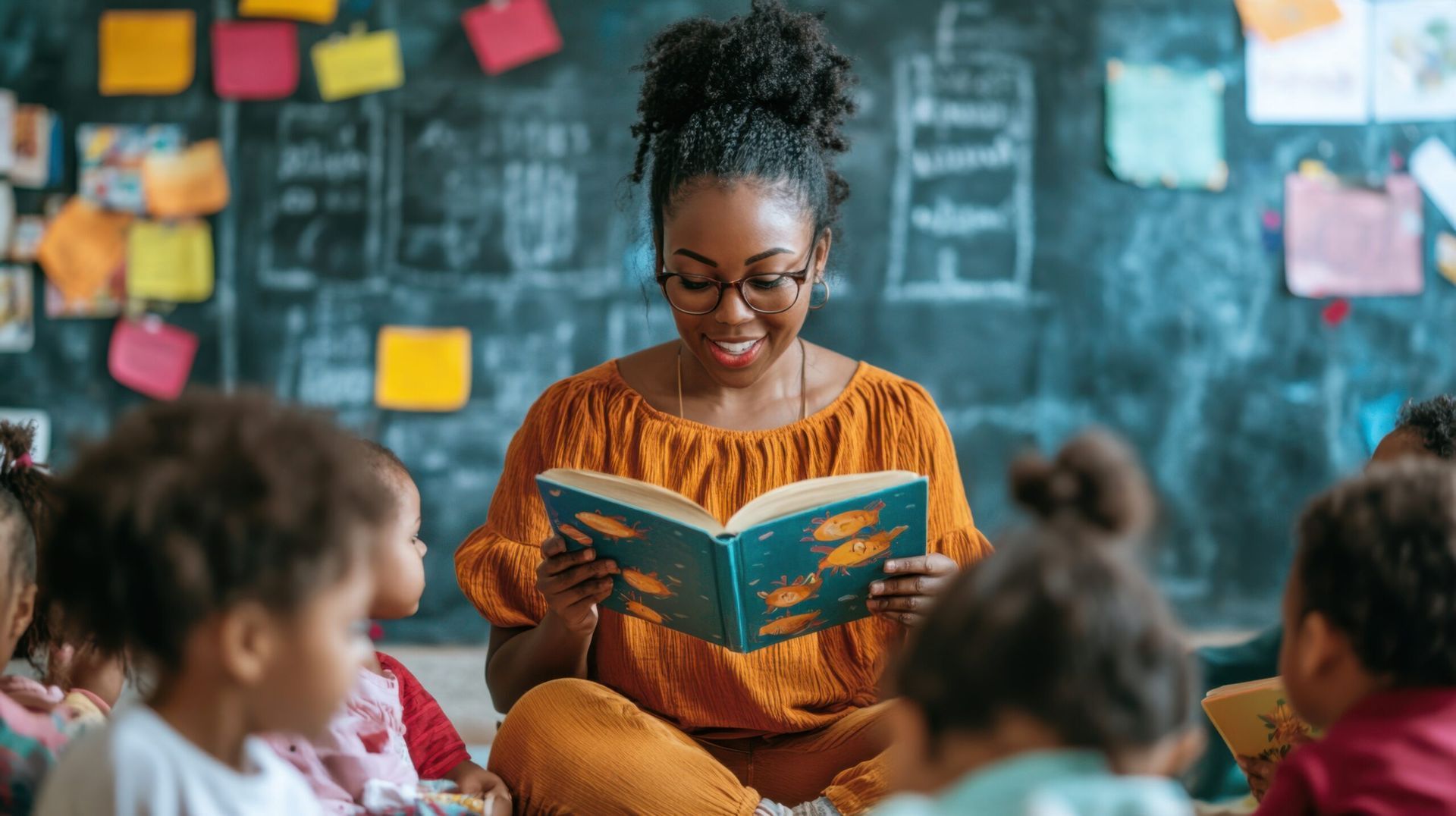 Teacher reading to a group of children in a colorful classroom.