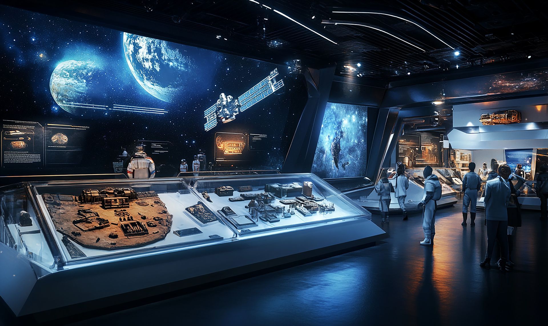 People inside a spaceship simulator, interacting with control panels and screens.