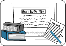 A cartoon drawing of a laptop , books , a notebook and a pencil.