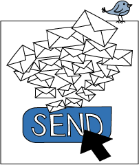 A bird is flying over a pile of envelopes and a send button