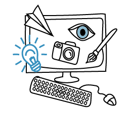 A computer monitor with a light bulb , camera , eye and brush on it.