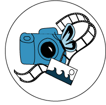 A blue camera is surrounded by film strips and a butterfly.