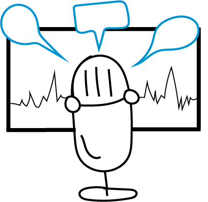 A cartoon drawing of a microphone with speech bubbles coming out of it.