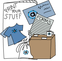 A cartoon illustration of a t-shirt , forms , and a mug