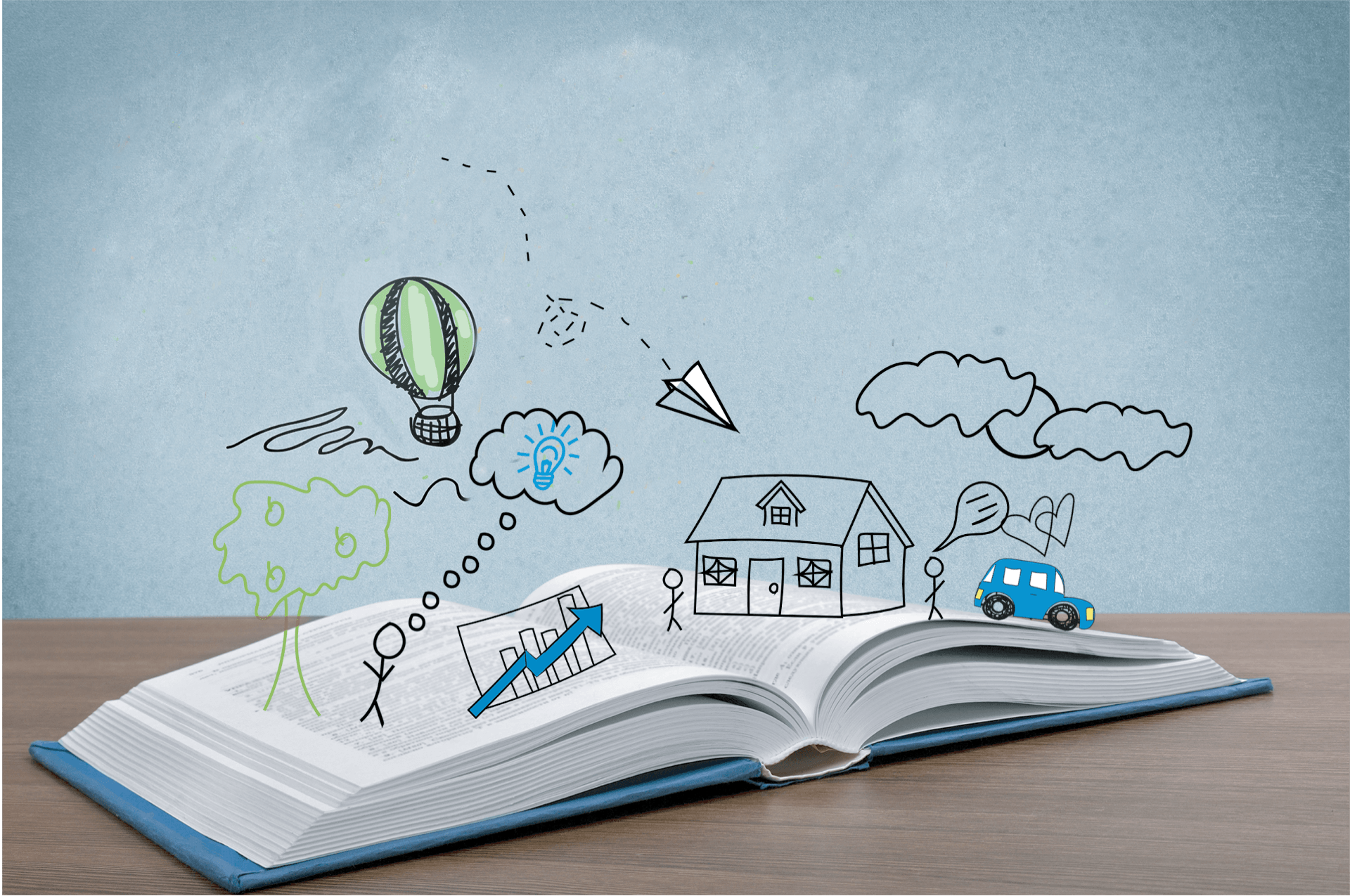An open book with drawings coming out of it