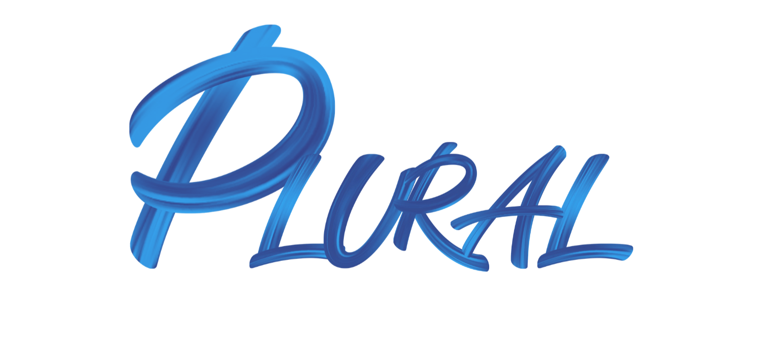 Blue cursive word “Plural” on a white background.