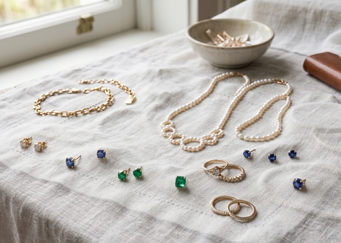Jewelry set displayed on a white cloth by a window, with gold and pearl necklaces, rings, and earrings