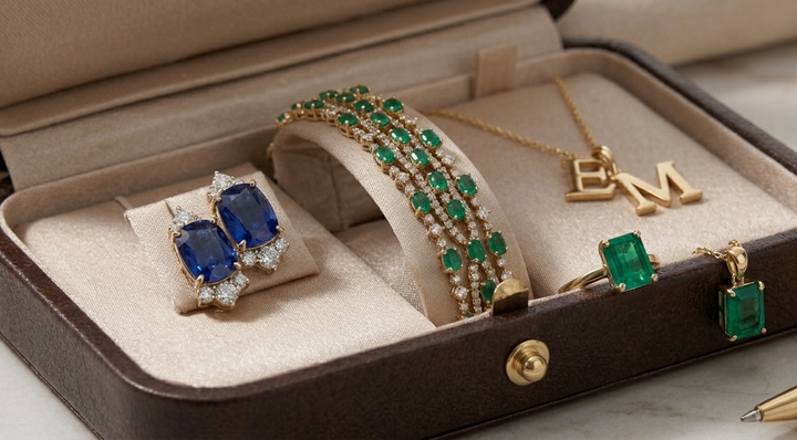Luxury jewelry set in an open box: blue gemstone ring, green bracelet, necklace, and matching earrings.