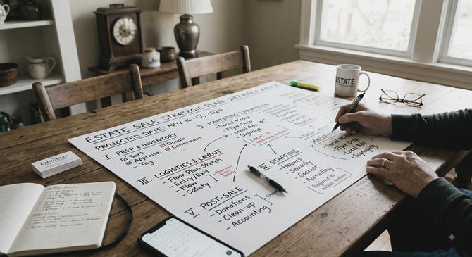 Person writing on a large handwritten planning sheet at a rustic wooden table by a window.
