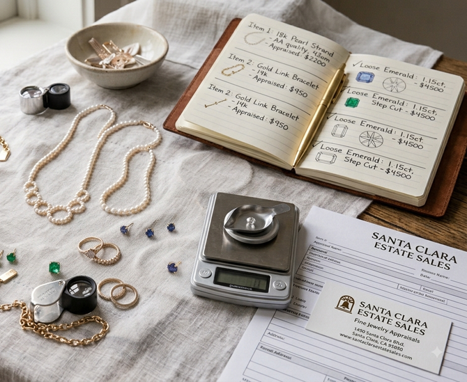 Flat lay of jewelry, notebooks, and a scale on a beige cloth with a Santa Clara jewelry receipt