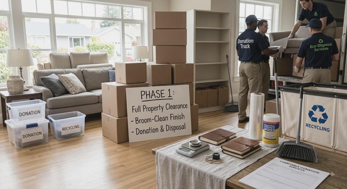 Volunteers packing donated supplies beside stacked boxes and a recycling bin in a bright living room