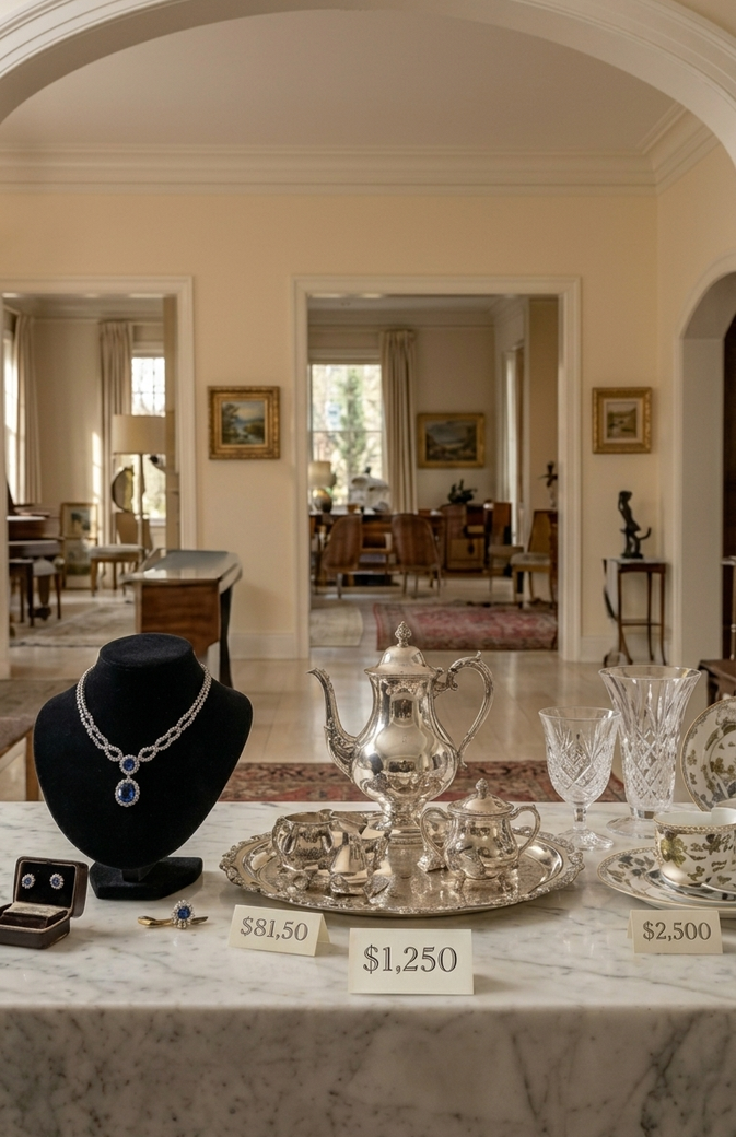 Jewelry display on a marble table in an elegant room, with necklace, silverware, and price tags.