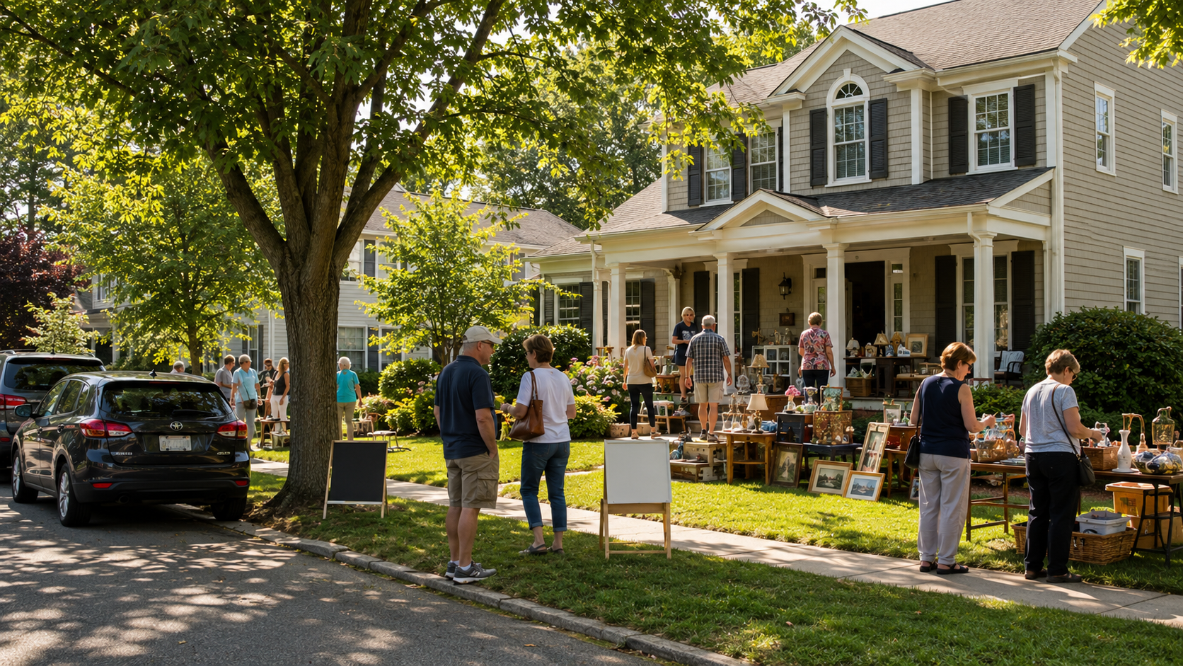 People browsing outdoor art displays on a sunny residential street with parked cars and houses.