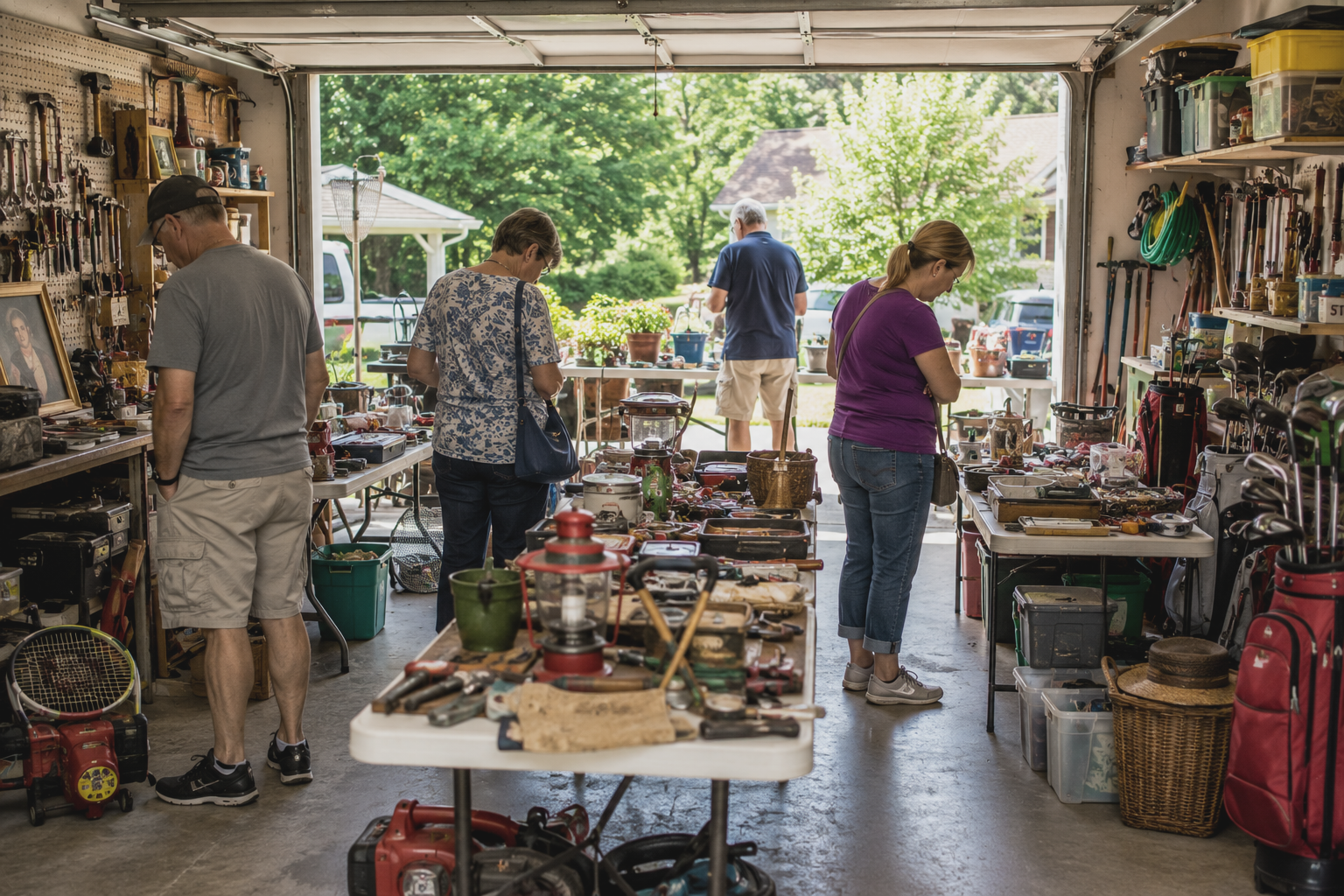 People browsing vintage items at a flea market stall in a garage with tables of assorted goods