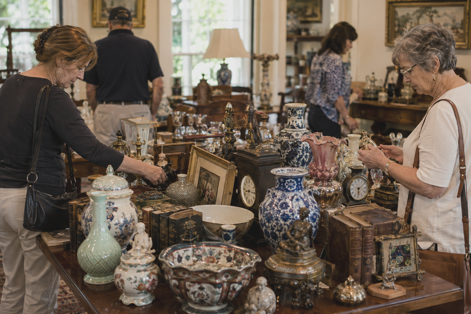 Antique shop with ornate vases and pottery on tables, with shoppers browsing inside